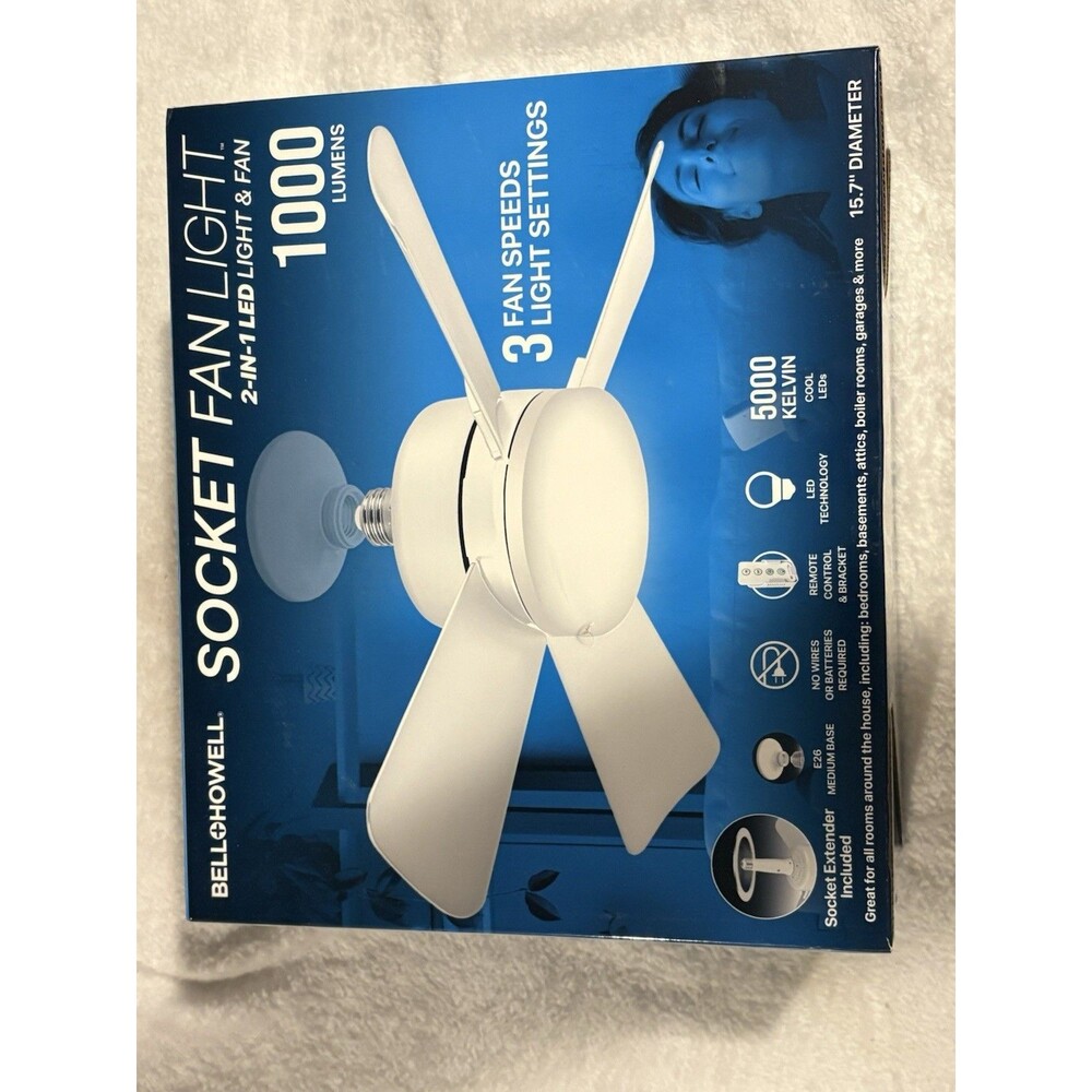 Bell+Howell 15.7”Socket Fan, white, w/remote, socket ext, screws in like bulb.